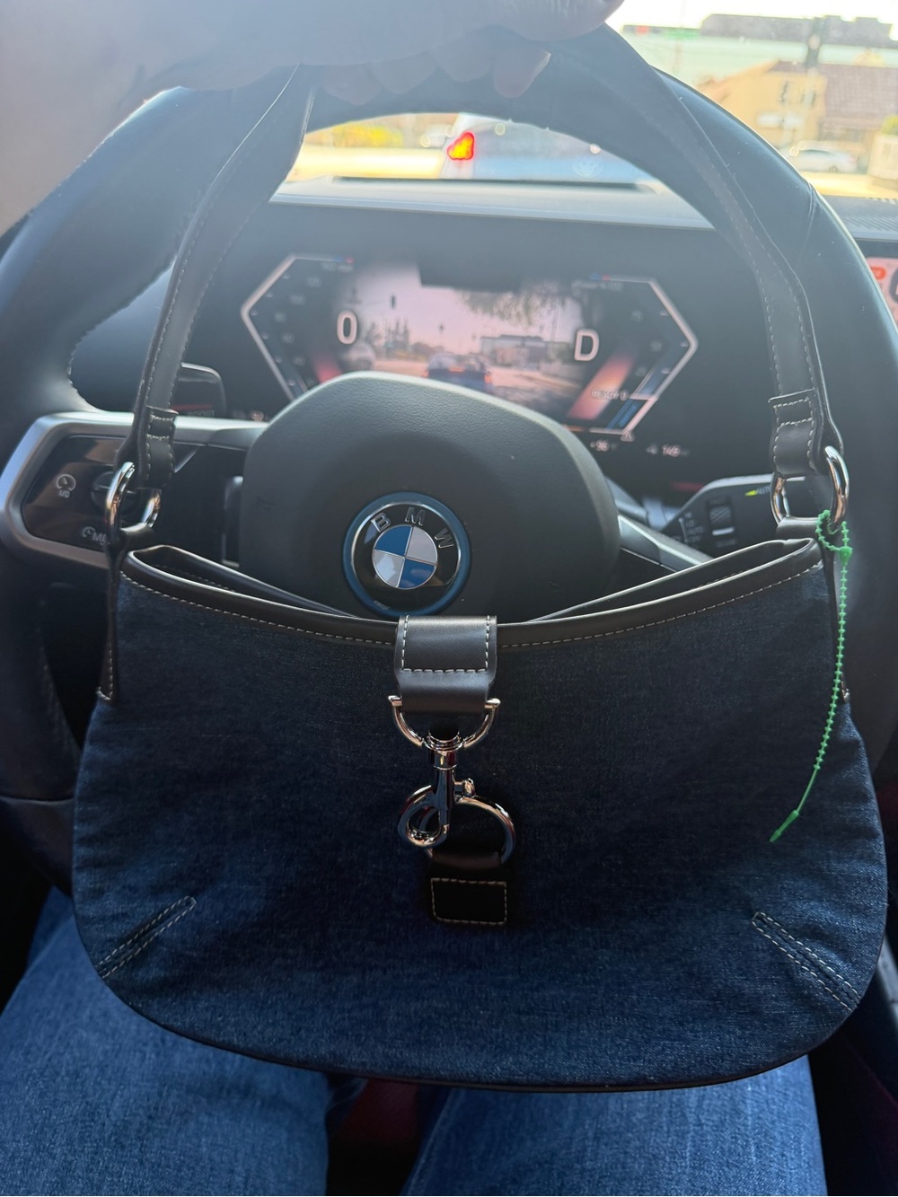 Denim Shoulder Hobo Bag with Black Leather Trim